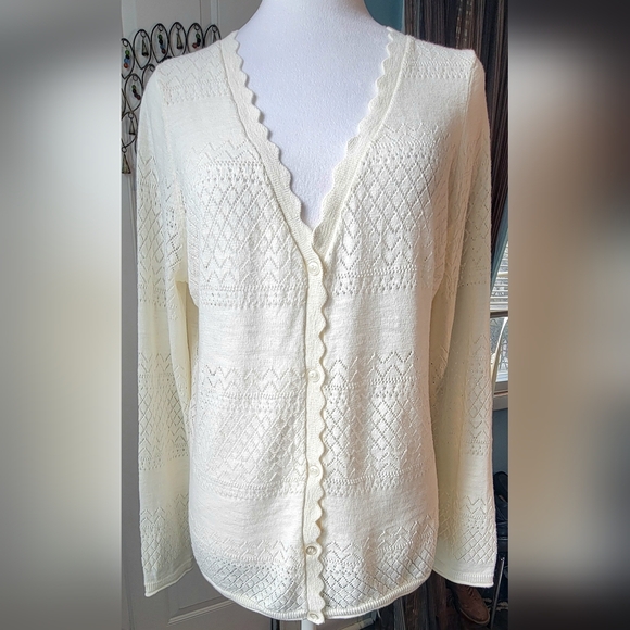 Frye Sweaters - Frye Pointelle V Neck Cardigan Sweater Womens L Ivory Cottagecore 100% Cotton